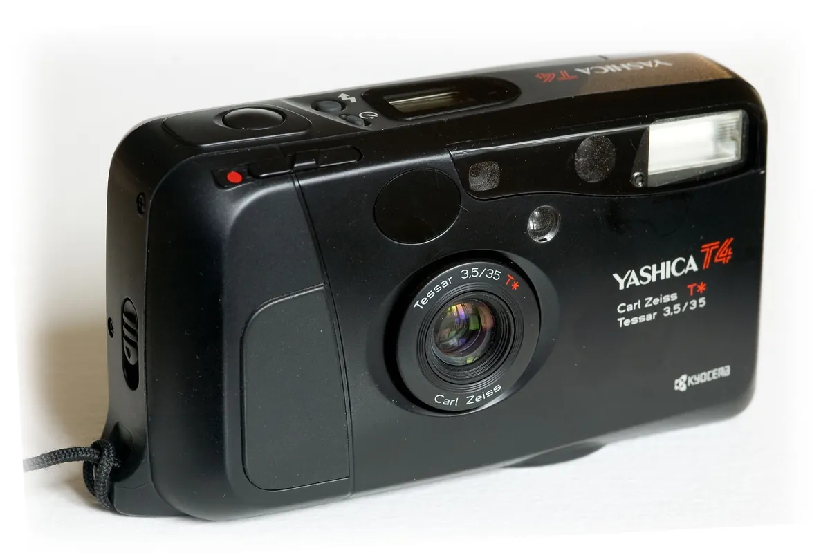 Yashica T4: a black Yashica T4 compact camera with its Carl Zeiss lens